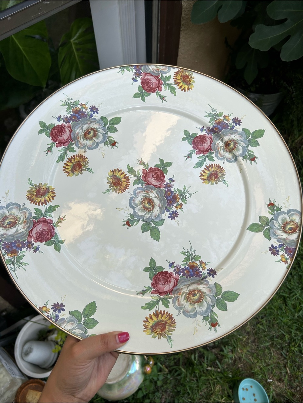 MacKenzie-Childs 1995 Camp Yellow Roses Floral Enamel Lge 16" Round Tray Platter